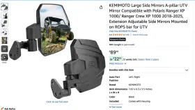 Kemi Moto 769293773366 Utv Side Mirrors Mounted On A-pillar For Polaris Ranger Xp 1000 Crew 2018-25