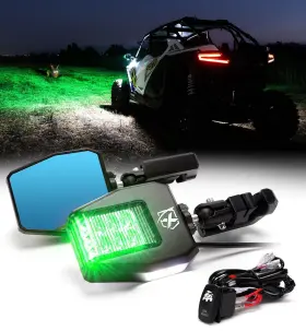 Sxl-sm-g26-green-1 Xprite For 1.75 Inch -2 Roll Bar Atv Rzr Utv Rear View Side Mirrors Green With Puddle Lights